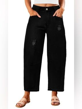 Metietila Womens Barrel Jeans Ripped Mid Rise Wide Leg Baggy Boyfriend Denim